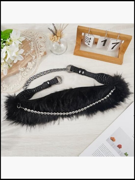 Faux Fur Leather Chain Waist Belt Adjustable Wide Chunky Belt main image 5